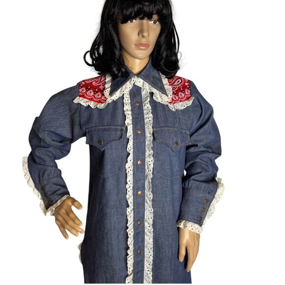 Vintage Bar C authentic western denim shirt dagger collar eyelet trim size med - Picture 14 of 17